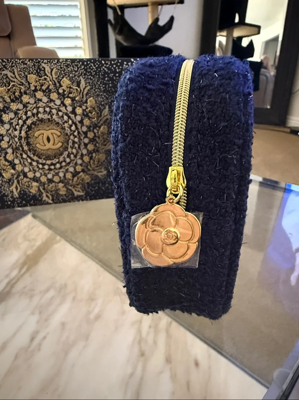 Chanel• NWT Navy Felt Holiday Edition Cosmetic Pouch with Logo Box